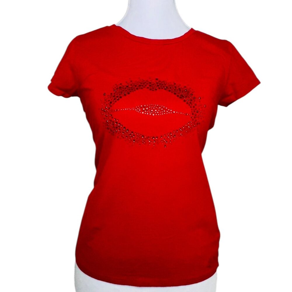 Guess Organic Slim Lucia SS Rhinestone Graphic Lips‎ Red T-Shirt- Women's - M